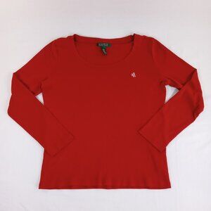 Lauren Ralph Lauren Women's Red 100% Cotton Long Sleeve Crew Neck T-Shirt Size L